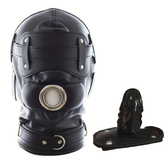 หน้ากากสวมหัว BDSM หนังสีดำพร้อมที่ปิดตาแบบถอดได้และที่อุดปากรูปอวัยวะเพศชาย - ของเล่นทางเพศสำหรับผู้ใหญ่ อุปกรณ์พันธนาการ SM ของขวัญวันวาเลนไทน์