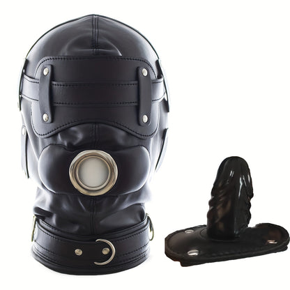 หน้ากากสวมหัว BDSM หนังสีดำพร้อมที่ปิดตาแบบถอดได้และที่อุดปากรูปอวัยวะเพศชาย - ของเล่นทางเพศสำหรับผู้ใหญ่ อุปกรณ์พันธนาการ SM ของขวัญวันวาเลนไทน์