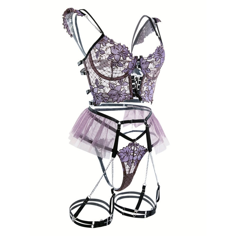 ชุดชั้นในสตรีผ้าตาข่ายซีทรูเซ็กซี่ลายดอกไม้ - เสื้อชั้นในใส่สบายคอวีเว้าหลังเปิดไหล่มีโครงพร้อมจีสตริงและเข็มขัดรัดเอวพร้อมสายรัดถุงน่องแบบโซ่ - เหมาะสำหรับชุดยูนิฟอร์มยั่วยวน
