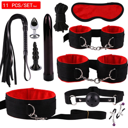 ชุดของเล่นหนังเซ็กซ์สำหรับผู้ใหญ่ 11 ชิ้น อุปกรณ์อีโรติก BDSM กุญแจมือแส้ปิดปาก ของเล่น SM BDSM ที่หนีบหัวนม