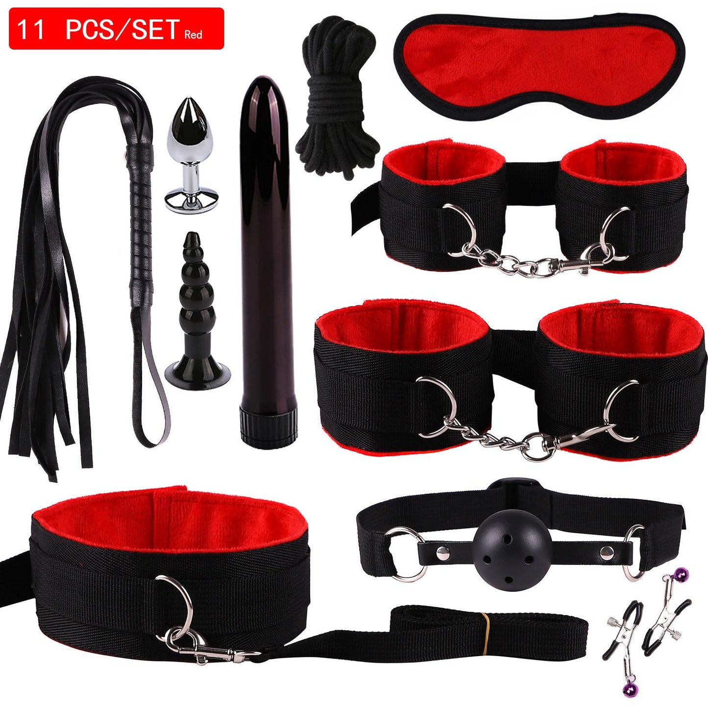 ชุดของเล่นหนังเซ็กซ์สำหรับผู้ใหญ่ 11 ชิ้น อุปกรณ์อีโรติก BDSM กุญแจมือแส้ปิดปาก ของเล่น SM BDSM ที่หนีบหัวนม