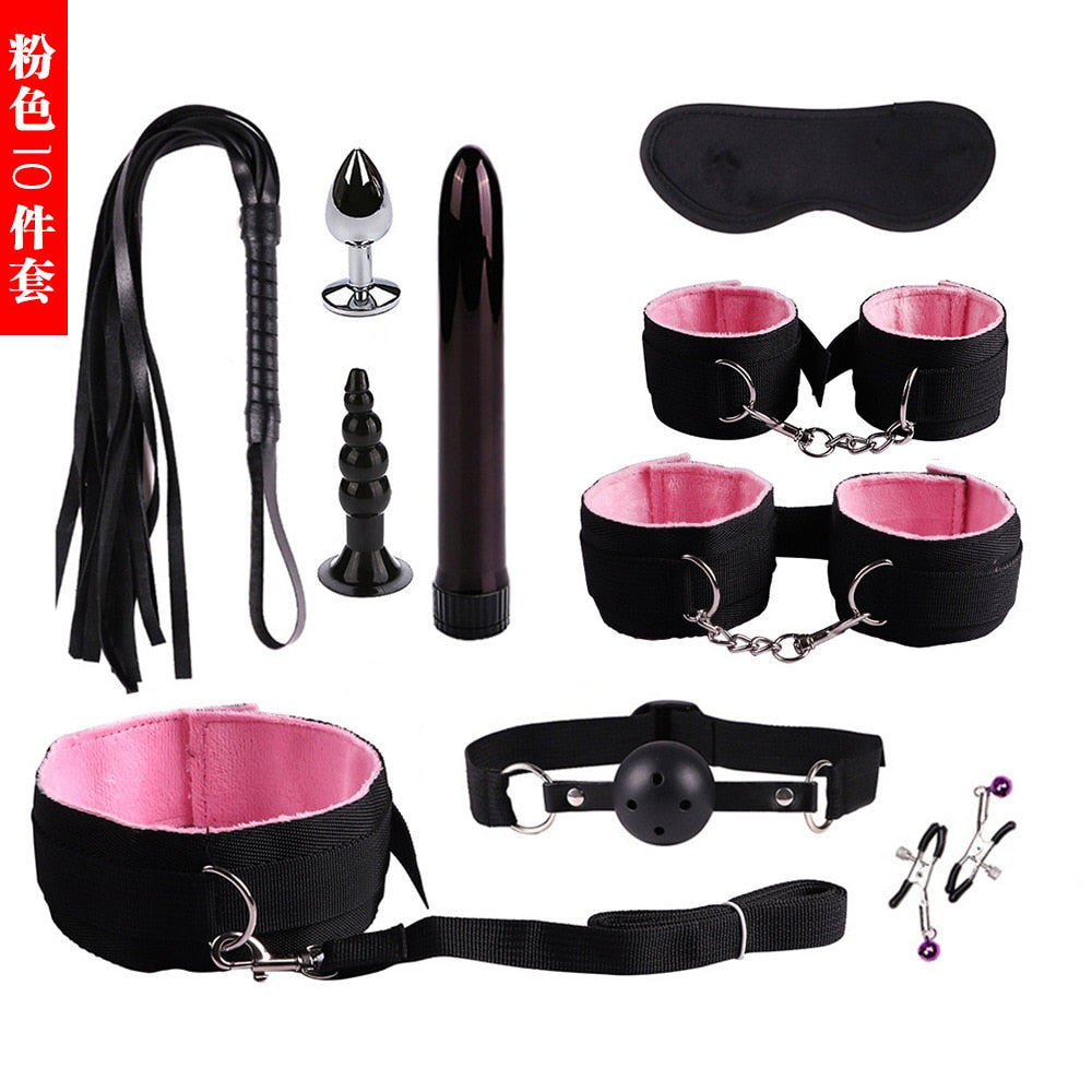 ชุดของเล่นหนังเซ็กซ์สำหรับผู้ใหญ่ 11 ชิ้น อุปกรณ์อีโรติก BDSM กุญแจมือแส้ปิดปาก ของเล่น SM BDSM ที่หนีบหัวนม