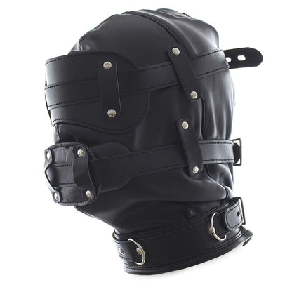 หน้ากากสวมหัว BDSM หนังสีดำพร้อมที่ปิดตาแบบถอดได้และที่อุดปากรูปอวัยวะเพศชาย - ของเล่นทางเพศสำหรับผู้ใหญ่ อุปกรณ์พันธนาการ SM ของขวัญวันวาเลนไทน์