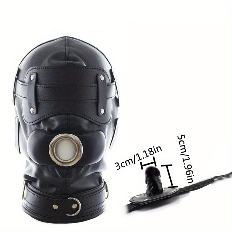 หน้ากากสวมหัว BDSM หนังสีดำพร้อมที่ปิดตาแบบถอดได้และที่อุดปากรูปอวัยวะเพศชาย - ของเล่นทางเพศสำหรับผู้ใหญ่ อุปกรณ์พันธนาการ SM ของขวัญวันวาเลนไทน์