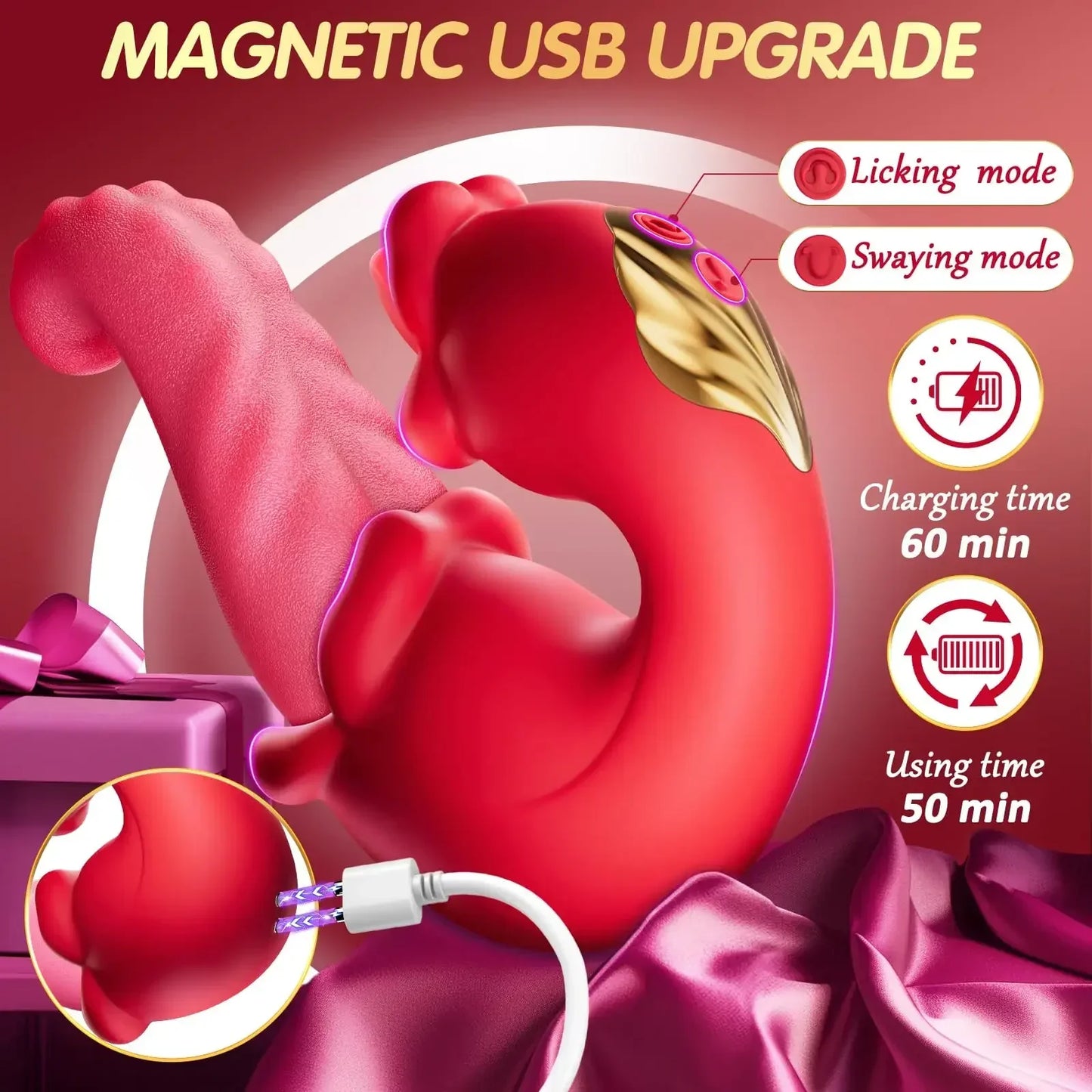 เครื่องสั่นลิ้น 4-in-1 แบบสวิงดัน เครื่องสั่นกระตุ้น G-spot และคลิตอริส รูปดอกกุหลาบ ของเล่นผู้ใหญ่สำหรับผู้หญิงและคู่รัก