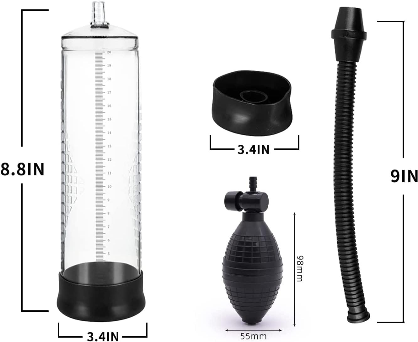 เครื่องปั๊มสุญญากาศสำหรับผู้ชาย Plus Pump เครื่องปั๊มเพิ่มขนาดสำหรับผู้ชาย 118511T ชุดถ้วยเพนิสแบบมืออาชีพ ปั๊มสุญญากาศแข็งแรงสำหรับใช้ในบ้าน (โปร่งใส/BB)