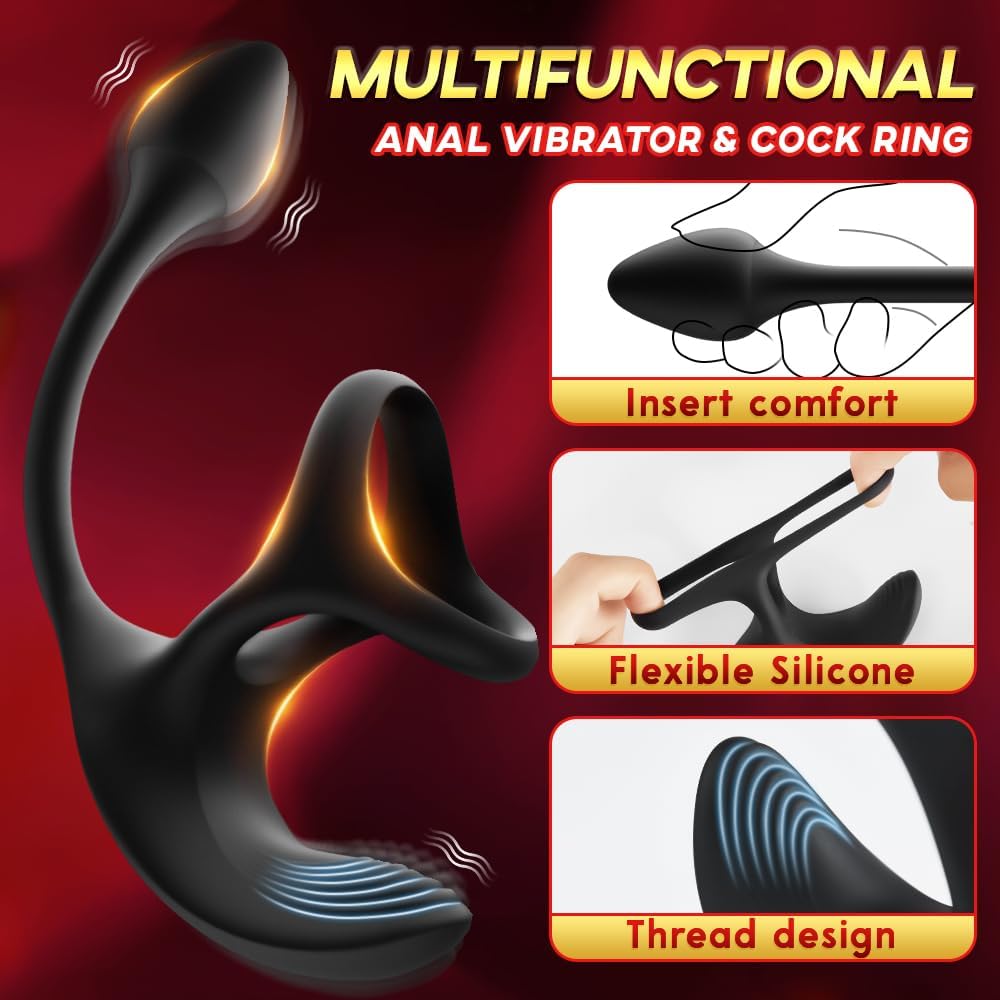 Vibrating Cock Ring Anal Plug with Prostate Massager. 4 in1 Taint Stimulator Penis Ring Vibrator Couples Adult Sex Toys for Men. Remote Control Anal Butt Plug Vibrator for Male Sex Toy Couple