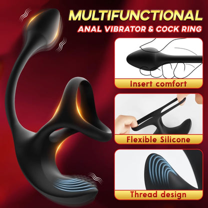 Vibrating Cock Ring Anal Plug with Prostate Massager. 4 in1 Taint Stimulator Penis Ring Vibrator Couples Adult Sex Toys for Men. Remote Control Anal Butt Plug Vibrator for Male Sex Toy Couple