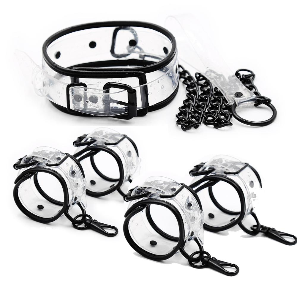 กุญแจมือข้อเท้าปกคอโซ่พันธนาการ BDSM แบบปรับได้โปร่งใส PVC ของเล่นทางเพศสำหรับคู่รัก