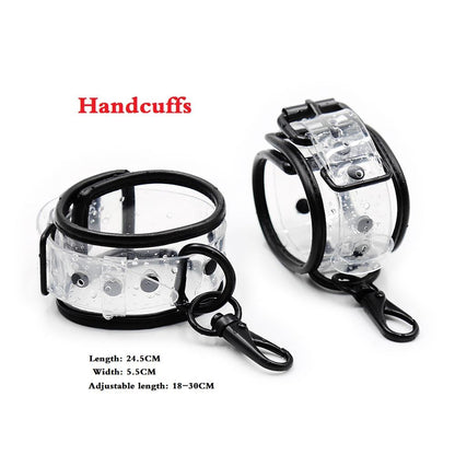 กุญแจมือข้อเท้าปกคอโซ่พันธนาการ BDSM แบบปรับได้โปร่งใส PVC ของเล่นทางเพศสำหรับคู่รัก
