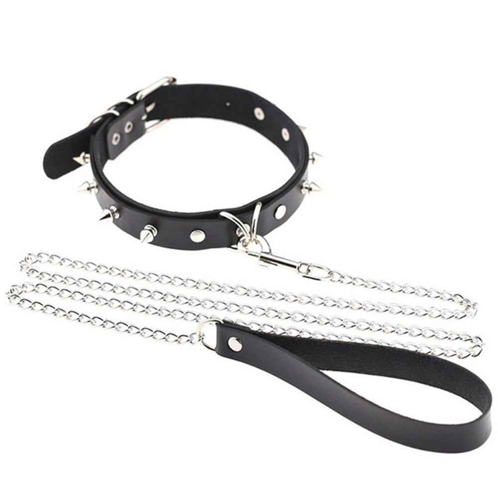 ของเล่นทางเพศสำหรับผู้ใหญ่ ปลอกคอหนังเทียมแนวอีโรติก BDSM ปลอกคอติดหมุด เชือกจูง อุปกรณ์พันธนาการ ของเล่นทางเพศสำหรับคู่รัก