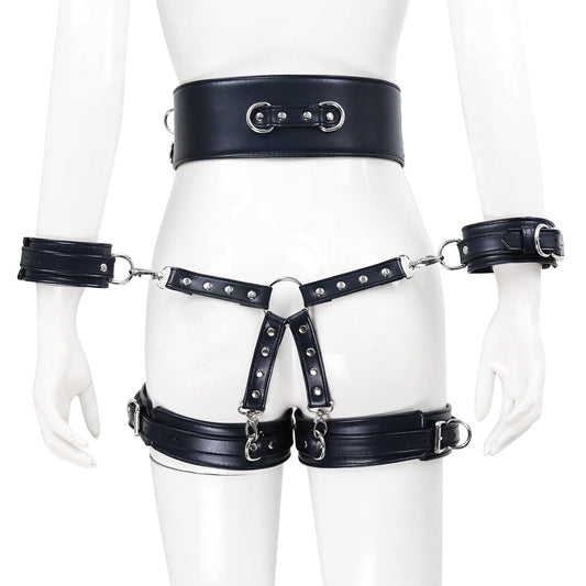 ชุดรัดตัว BDSM หนังเทียมสำหรับผู้ใหญ่ ประกอบด้วย กุญแจมือ เข็มขัด ที่รัดขา ข้อต่อตรงกลาง ของเล่นสำหรับผู้ใหญ่ ของเล่นรัดตัวสำหรับผู้หญิง