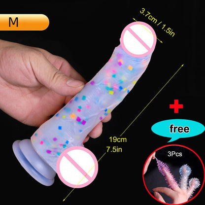 Confetti Dildo ที่สมจริงซิลิโคน Dildo. พร้อมถ้วยดูดสำหรับเล่นฟรีแบบแฮนด์ฟรี. จู๋สมจริงสำหรับผู้หญิงและคู่รัก
