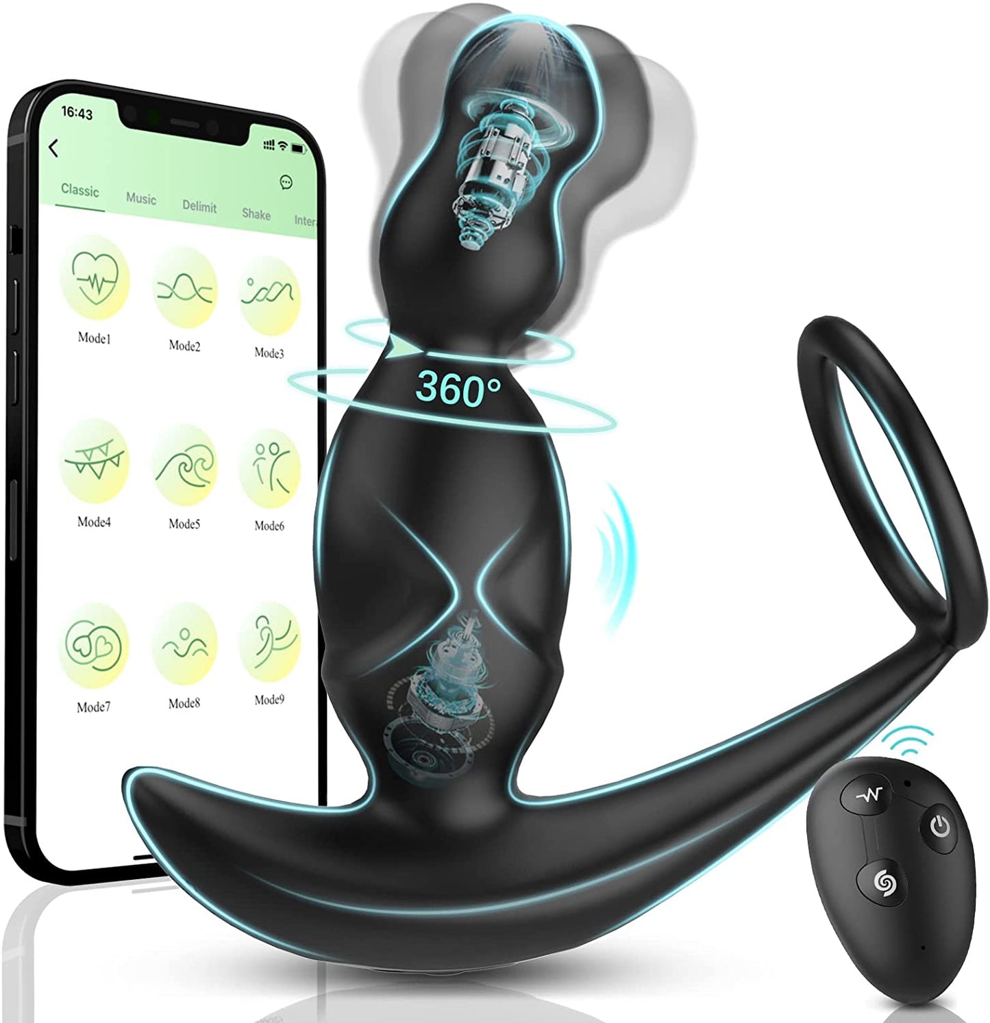 Gelugee App Anal Plug Vibrator เซ็กซ์ทอยสำหรับชาย Prostate Massager 360 องศากระตุ้นชาย Buttplug ด้วยแหวน Cock