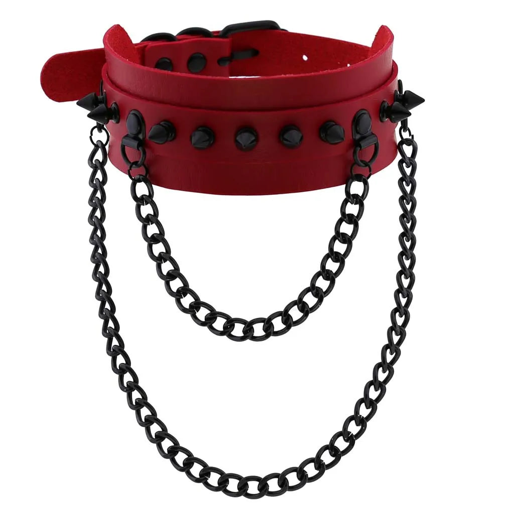 สร้อยคอโช้คเกอร์ BDSM พังก์แบล็กเมทัลพู่สีแดง เซ็กซี่ ประดับหมุด สายรัดคอ ปกคอเสื้อ สร้อยคอผู้ชาย ฮาโลวีนผู้หญิง