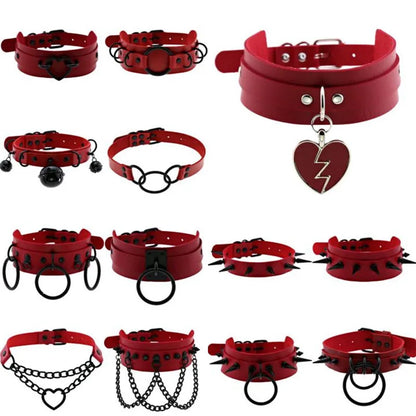 สร้อยคอโช้คเกอร์ BDSM พังก์แบล็กเมทัลพู่สีแดง เซ็กซี่ ประดับหมุด สายรัดคอ ปกคอเสื้อ สร้อยคอผู้ชาย ฮาโลวีนผู้หญิง