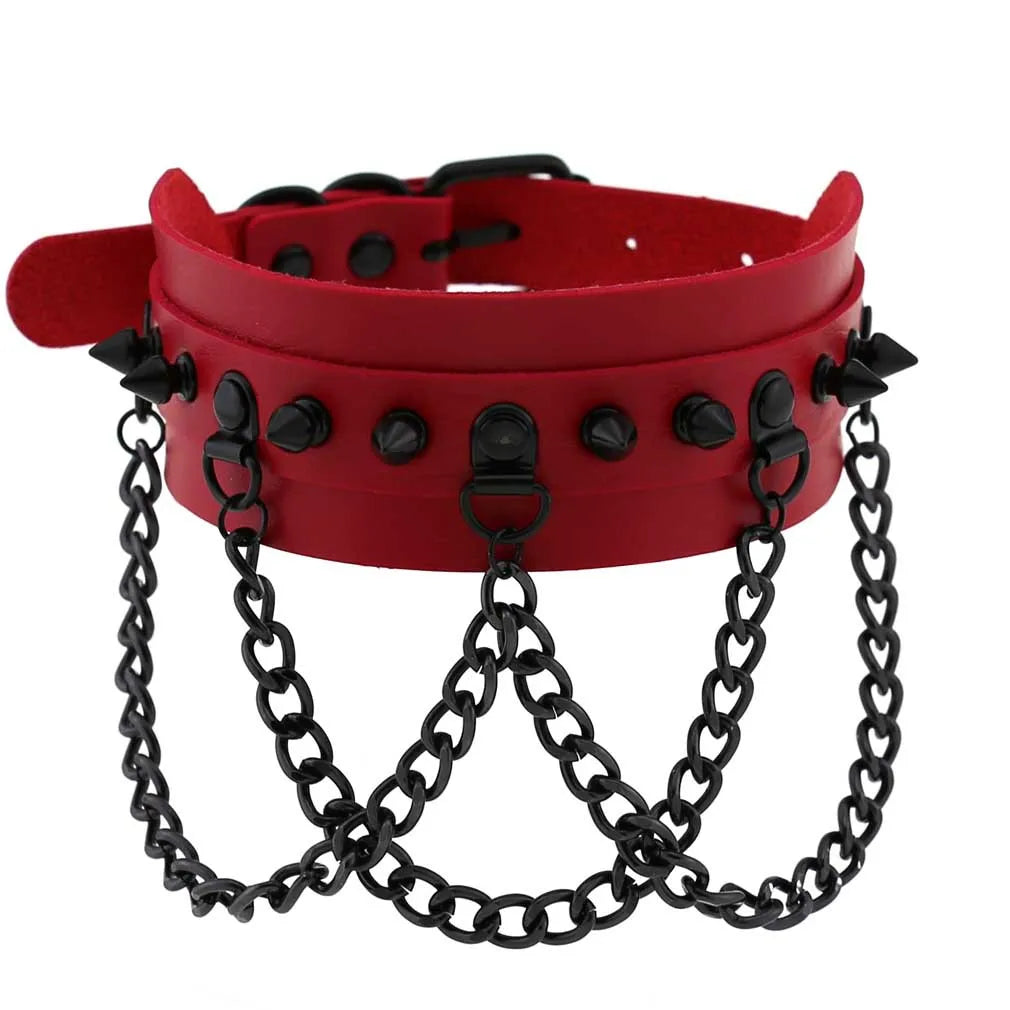 สร้อยคอโช้คเกอร์ BDSM พังก์แบล็กเมทัลพู่สีแดง เซ็กซี่ ประดับหมุด สายรัดคอ ปกคอเสื้อ สร้อยคอผู้ชาย ฮาโลวีนผู้หญิง