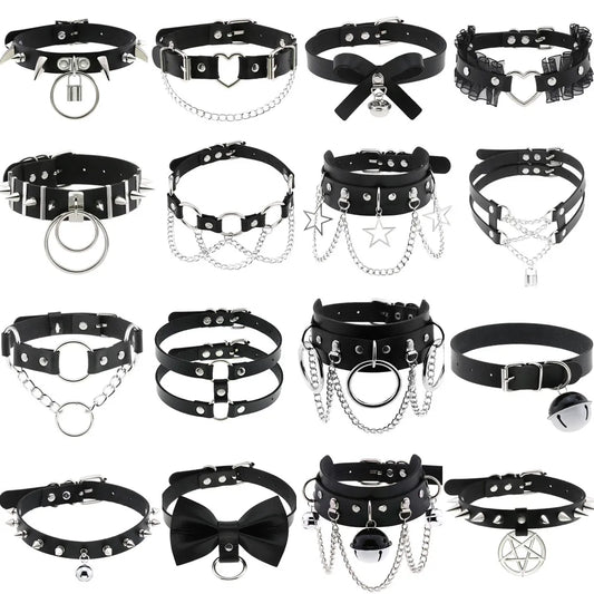 สร้อยคอโชกเกอร์ BDSM สไตล์พังค์สำหรับผู้ชาย สร้อยคอหนังสังเคราะห์โกธิค โซ่คาดตัวสำหรับผู้หญิง
