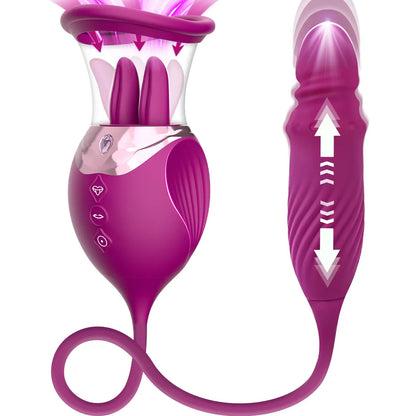 เครื่องนวดกระตุ้นแบบสั่นรูปดอกกุหลาบ 4-in-1 สำหรับผู้หญิง ดิลโด้แบบสั่นหัว G จุดกระตุ้นหัวนมและคลิตอริส ไข่สั่น ของเล่นทางเพศสำหรับผู้ใหญ่