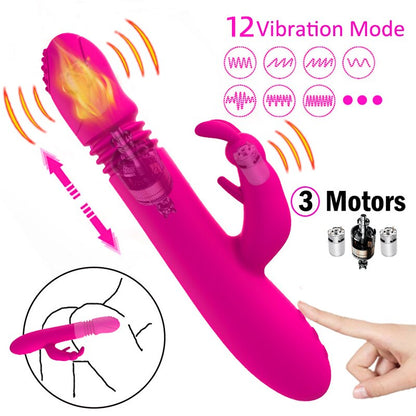 Telescopic Rabbit Rotating Heating G-Spot Dildo Vibrator Anal Clit Stimulator Female Masturbation Sex Toy for Women