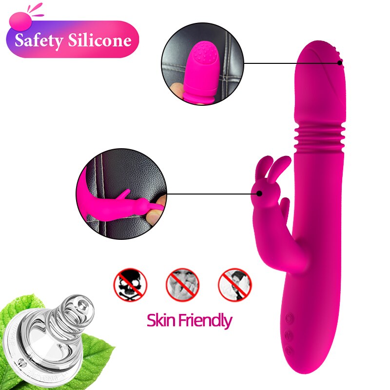 Telescopic Rabbit Rotating Heating G-Spot Dildo Vibrator Anal Clit Stimulator Female Masturbation Sex Toy for Women
